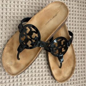 Like New~ Tory Burch Black Miller Cloud Leather Thong Sandals, Size 8 1/2